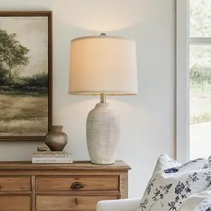 24 inch Vintage Ceramic Table Lamp - Single Farmhouse Rustic Bedside Lamp with Natural Textured Finish, Nightstand Lamps for Living Room, Bedroom, End Table