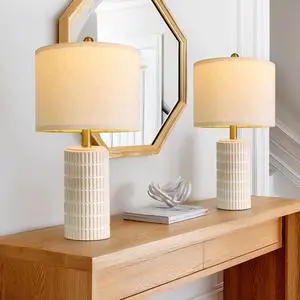 20.75" Small Modern Ceramic Table Lamps Set of 2 for Bedroom, White Bedside Lamps for Night Stands, Farmhouse Desk Decor Nightstand Table Lamps for Living Room End Table Beige