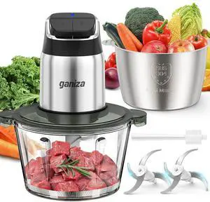 Food Processor, 2-Speed Food Chopper Meat Grinder with 8 Cup Stainless Steel & 8 Cup Glass Bowls, Upgraded Button & Smart Overheat Protection Light - Includes Clean Brush, 2 Sets of Blades
