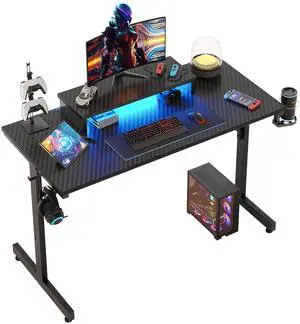 42 inch Gaming Desk with LED Lights, Small Computer Gaming Table with Monitor Shelf, Gamer Desk with Headphone Hook, Kids Boys Computer Table with Black Carbon Fiber Texture