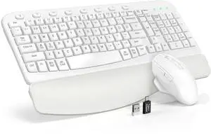 Wireless Keyboard and Mouse Combo, Ergonomic Wave Keys, Cushioned Plam Rest, Comfortable Silent Natural Typing, 2.4G Lag-Free, Full Size Keyboards Cordless Set for Multi-OS, Windows/Mac, White