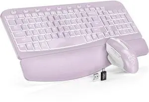 Ergonomic Wireless Keyboard and Mouse Combo - Wave Keyboard with Soft Leather Wrist Rest, Resistant Keys, RGB Backlit Rechargeable Set for PC/Mac/Chromebook (Lavender Purple)