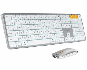 Backlit Bluetooth Keyboard and Mouse for Mac, KM100-A Multi-Device Wireless Keyboard Mouse for Mac, Full Size Rechargeable for MacBook Pro/Air, iPhone, iPad, White Silver Backlit Bluetooth Keyboard and Mouse for Mac, KM100-A Multi-Device Wireless Keyboard Mouse for Mac, Full Size Rechargeable for MacBook Pro/Air, iPhone, iPad, White Silver