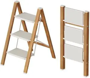 3 Step Lightweight Aluminum Folding Ladder, Portable Step Stool with Wide Anti-Slip Pedals, 330 lbs Capacity for Home,Cleaning TasksWhite&Woodgrain 3 Step Lightweight Aluminum Folding Ladder, Portable Step Stool with Wide Anti-Slip Pedals, 330 lbs Capacity for Home,Cleaning TasksWhite&Woodgrain