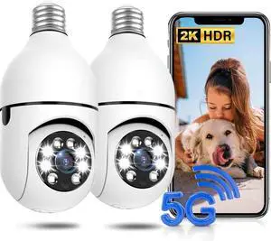Light Bulb Security Camera 2 Packs, 5G&2.4GHz 2K Security Cameras Wireless Outdoor 360° PTZ Cameras for Home Security with Color Night Vision, 2 Way Talk, AI Human Detection, Screw in Light Socket
