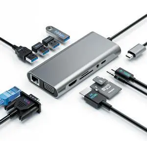 USB C Hub Docking Station, 11-in-1 Multiport Adapter Dongle with 4K HDMI, VGA, USB 3.0 5 Gbps, SD/TF Card Reader, Type C PD, 3.5mm Audio, Ethernet, Compatible for Macbook Mac HP Dell Lenovo Laptops PC