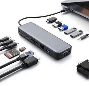 USB C Hub Laptop Docking Station Dual Monitor,14 in 1 Multiport Adapter with 4K HDMI,VGA,8 USB C/A Ports,100W PD Fast Charging,Audio&Mic,SD&TF,USBC Dongle for MacBook/Dell/HP/Lenovo ThinkPad/Surface