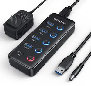 Powered USB 3.0 Hub, Wenter 5-Port USB Hub Splitter (4 Faster Data Transfer Ports+ 1 Type-C Charging Ports) with Individual LED On/Off Switches, USB Hub 3.0 Powered with Power Adapter for Mac, PC Powered USB 3.0 Hub, Wenter 5-Port USB Hub Splitter (4 Faster Data Transfer Ports+ 1 Type-C Charging Ports) with Individual LED On/Off Switches, USB Hub 3.0 Powered with Power Adapter for Mac, PC