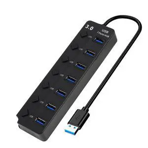 7-Port USB 3.0 Hub with Individual On/Off Switches and Lights, High-Speed Data USB Hub Splitter Portable Extension Adapter for Laptop, PC, MacBook, Mac Pro, Mac mini, iMac, Surface Pro and More