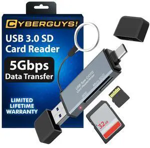Cyberguys USB 3.0 SD Card Reader, Dual USB-C & USB-A Connector, 5Gbps High-Speed SD/MicroSD Memory Cards Adapter, 2-in-1 Card Reader for SDXC/SDHC/MicroSDXC, Compatible with Laptop, PC, Mac, Android