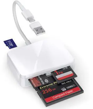 SD Card Reader, 4 in 1 USB C to SD/TF/CF/MS Card Reader with USB to USB C Adapter Memroy Card Reader for iPhone 17/16/15 Pro Max iPad Pro MacBook Pro/Air iMac M4/M3/M2 Android Phone/Tablet PC (White)