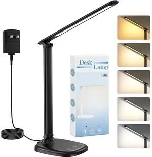 Desk Lamp with Charger, 10%-100% Stepless Dimmable & 5 Color Modes Study Lamp, Touch Control, 30-/60-minute Timer, USB Charging Output Port, CRI90, Eye-Caring Foldable LED Desk Lamps for Home Office
