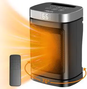 Small Portable Space Heater for Indoor Use - with 70°Rotating Feature, JIBUFI 1500W PTC Electric Heater, Rapid and Safe Heating, Remote Control, 1-12 Hr Timer for Bedroom, Office Small Portable Space Heater for Indoor Use - with 70°Rotating Feature, JIBUFI 1500W PTC Electric Heater, Rapid and Safe Heating, Remote Control, 1-12 Hr Timer for Bedroom, Office