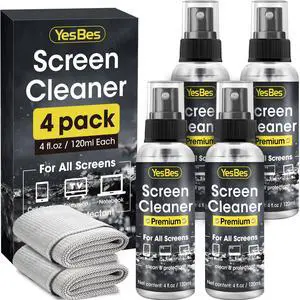 Screen Cleaner Spray 16oz (4oz x 4 Pack) - TV Screen Cleaner Spray and 2 Microfiber Cloths, Computer Screen Cleaner & Car Screen Cleaner for TV, Monitor, Laptop, MacBook, iPad