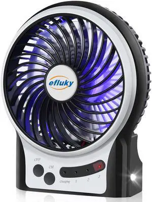 4.9-Inch Mini Desk Fan - 3 Speeds, Rechargeable Battery/USB Powered with LED Light, Quiet Portable Fan for Home, Office, Travel, Camping (Black)