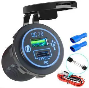 12V USB Quick Charge 3.0 Port & PD USB C Car Charger Socket, 12V USB Outlet with Wire for Car Marine Boat Motorcycle RV Truck 12V USB Quick Charge 3.0 Port & PD USB C Car Charger Socket, 12V USB Outlet with Wire for Car Marine Boat Motorcycle RV Truck