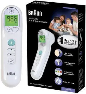 No Touch 3-in-1 Thermometer for Adults, Kids & Babies, Measures Forehead, Liquid and Food Temps, Professional Accuracy & Color Coded Fever Guidance No Touch 3-in-1 Thermometer for Adults, Kids & Babies, Measures Forehead, Liquid and Food Temps, Professional Accuracy & Color Coded Fever Guidance