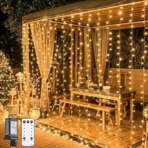 900 LED Outdoor Christmas Curtain Lights, 9.5x29.5ft Christmas Lights Plug in with Remote, Twinkle Hanging String Light for Bedroom Wall Wedding Backdrop Window Gazebo Decor, Warm White