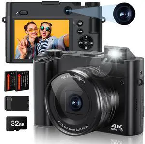 4K Digital Camera, 64MP Rear and Front Camera for Photography and Video Autofocus Anti-Shake, 3'' Selfie Flip Vlogging Camera with Ultra Bright Flash, Camera with Dial 16X Zoom (2 Batteries+Charger)