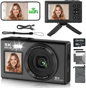Digital Camera,5K 80MP Dual Screen Camera for Photography Vlogging with 18X Zoom Autofocus,Fill Light,Compact Vlog Cameras for YouTube,Campus,Travel,Teens & Beginners Tripod 2 Batteries 64GB Card