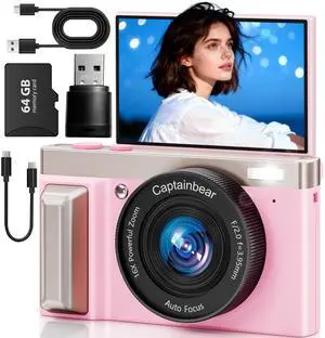 4K Digital Camera,64MP Cameras for Photography with 16X Digital Zoom, AutoFocus Vlogging Camera for YouTube, 3" 180°Flip Screen Compact Travel Camera, Anti-Shake 4K Video Cameras with 64GB Card, Pink