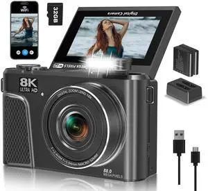 8K Digital Camera with 88MP & 3" 180° Flip Screen - 18X Zoom Auto Focus Vlogging Camera for YouTube/Photography, Includes 32GB SD Card & 2 Batteries (Gunmetal)