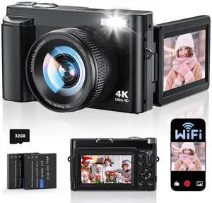 4K Digital Camera for Photography, WiFi Autofocus 64MP Vlogging Camera for YouTube, 180° 3" Flip Screen 30FPS Video Cameras with Flash Anti-Shake 16X Zoom 32GB Card, Compact Travel Digital Camera