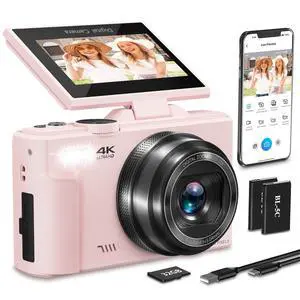 4K Digital Camera for Photography, 64MP Vlogging Camera for YouTube with 3" 180°Flip Screen, 18X Digital Zoom HD Autofocus Compact Camera with WiFi,Flash,32GB TF Card & 2 Batteries(Pink)