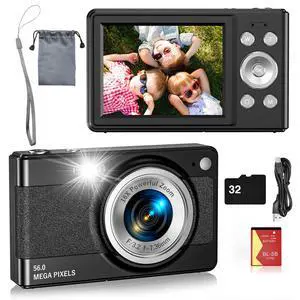 Digital Camera for Kids, FHD 1080P 56MP Autofocus Point and Shoot with 16X Zoom, 32GB TF Card, Battery, Flash, Face Detect, Anti Shake, Compact Travel Cameras for Boys Girls Teens Kids GiftBlack
