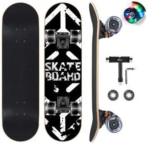 Skateboards with Colorful Flashing Wheels for Beginners,Kids,Teens,Adults, Complete Standard Skate Boards 9 Layer Canadian Maple Deck Concave Skateboard (4-Black and White)