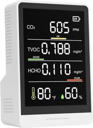 5-in-1 Professional Indoor Air Quality Monitor Indoor Portable CO2 Monitor | Temperature | Formaldehyde Detector | Humidity TVOC | Air Quality Tester - Confined Space Clean Air Monitor (White) 5-in-1 Professional Indoor Air Quality Monitor Indoor Portable CO2 Monitor | Temperature | Formaldehyde Detector | Humidity TVOC | Air Quality Tester - Confined Space Clean Air Monitor (White)