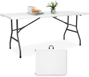 Folding Table 6FT HDPE 6 Foot Foldable Table Portable Banquet Surface Fold-in-Half Desk Utility for Working Meeting Parties, Picnic, Camping, Weddings, Catering, Garden Dining-White