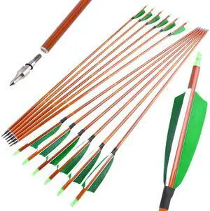 SHARROW 30 Inch Archery Carbon Arrows Bamboo Pattern Shaft 500 Spine Practice Hunting Arrows with Natural Feather Fletching for Archery Hunting Target Shooting 6/12pcs (12 x Green Arrows)