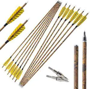 Wolfman 30Inch Carbon Arrow Practice Hunting Arrows, Spine 500 with 4" Camo Natural Feathers and Removable Tips for Recurve Bow and Compound Bow (12PCS)