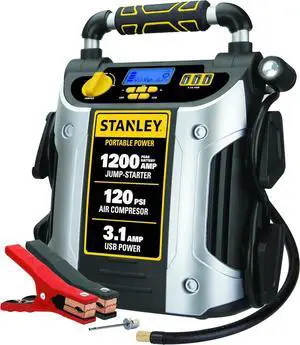 Stanley J5C09D 1200 Peak Amp Automotive Jump Starter, Portable Power 2.1A/10W USB Port, 120 PSI Air Compressor Stanley J5C09D 1200 Peak Amp Automotive Jump Starter, Portable Power 2.1A/10W USB Port, 120 PSI Air Compressor