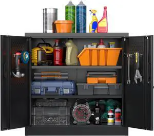 31.5" H Garage Storage Cabinet with 2 Shelves, Metal Cabinet with Lock and 4 Hooks for Home Office Garage, Black, Assembly Required 31.5" H Garage Storage Cabinet with 2 Shelves, Metal Cabinet with Lock and 4 Hooks for Home Office Garage, Black, Assembly Required