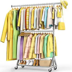100% Stainless Steel Heavy Duty Clothes Rack Load 860LBS, Adjustable Height Double Rods Clothing Racks for Hanging Clothes, Rolling Garment Rack With Sturdy Wheels Shelf, Portable Closet Wardrobe Rack 100% Stainless Steel Heavy Duty Clothes Rack Load 860LBS, Adjustable Height Double Rods Clothing Racks for Hanging Clothes, Rolling Garment Rack With Sturdy Wheels Shelf, Portable Closet Wardrobe Rack