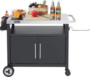 Outdoor Grill Cart with Wheels, Movable Kitchen Island with Storage Cabinet for BBQ, Stainless Steel Dining Cart Table for Food Prep, Black, PC3403S-SC Outdoor Grill Cart with Wheels, Movable Kitchen Island with Storage Cabinet for BBQ, Stainless Steel Dining Cart Table for Food Prep, Black, PC3403S-SC