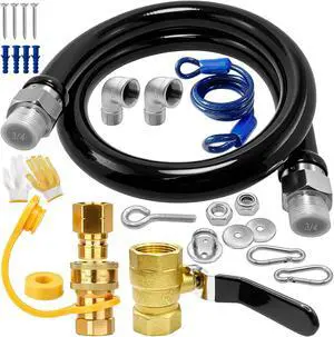 1675KIT48 Safety System Kit, 48" Mobile Gas Hose Connector with 2 Elbows, 3/4" Quick Disconnect, 3/4" Gas Flex Line & Gas Valve, Quick Connect & Disconnect for Commercial Kitchen Equipment. 1675KIT48 Safety System Kit, 48" Mobile Gas Hose Connector with 2 Elbows, 3/4" Quick Disconnect, 3/4" Gas Flex Line & Gas Valve, Quick Connect & Disconnect for Commercial Kitchen Equipment.