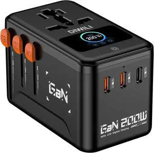 200W GaN Universal Travel Adapter with Smart Display, International Power Adapter with 3 USB-C & 1 USB-A Charging Ports, Travel Plug Adapter Worldwide for US to European UK AUS Ireland 200W GaN Universal Travel Adapter with Smart Display, International Power Adapter with 3 USB-C & 1 USB-A Charging Ports, Travel Plug Adapter Worldwide for US to European UK AUS Ireland