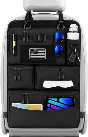 Backseat Car Organizer, Heavy Duty Tactical MOLLE Car Seat Back Organizer with 6 Pockets, 2 Sturdy Hooks, 2 D-Ring Clips, US Flag Patch & Hook Loop Panel, Universal Fit for Car SUV Truck Jeep Ford Backseat Car Organizer, Heavy Duty Tactical MOLLE Car Seat Back Organizer with 6 Pockets, 2 Sturdy Hooks, 2 D-Ring Clips, US Flag Patch & Hook Loop Panel, Universal Fit for Car SUV Truck Jeep Ford