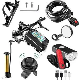 8 Pack Bicycle Accessories, Bike Light Set USB Rechargeable, 1 Bike Water Bottle Holder, Bicycle Bag and 1 Bike Aluminum Bicycle Bell,Pump 8 Pack Bicycle Accessories, Bike Light Set USB Rechargeable, 1 Bike Water Bottle Holder, Bicycle Bag and 1 Bike Aluminum Bicycle Bell,Pump