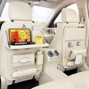 Universal Premium Leather Foldable Car Backseat Organizer with Table Tray, Car Seat Back Protector with Garbage Bag Touch Screen Pad Holder, Car Kick Mats Protector with Tissue Holder (Beige) Universal Premium Leather Foldable Car Backseat Organizer with Table Tray, Car Seat Back Protector with Garbage Bag Touch Screen Pad Holder, Car Kick Mats Protector with Tissue Holder (Beige)