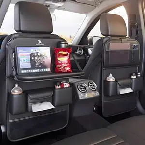2 Pack Universal Foldable Car Backseat Organizer with Table Tray, Car Seat Back Protector with Touch Screen Phone Holder, Premium Leather Kick Mats with Storage Pockets Tissue Box (Black) 2 Pack Universal Foldable Car Backseat Organizer with Table Tray, Car Seat Back Protector with Touch Screen Phone Holder, Premium Leather Kick Mats with Storage Pockets Tissue Box (Black)