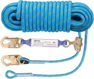 Heavy Duty Fall Protection Rope for roof & tree climbing. Includes safety harness, alloy steel clips, shock-absorbing lanyard Heavy Duty Fall Protection Rope for roof & tree climbing. Includes safety harness, alloy steel clips, shock-absorbing lanyard