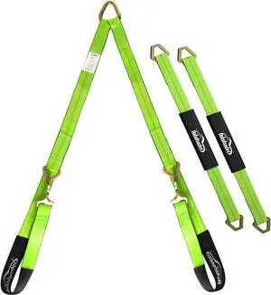 V-Bridle Strap 2" x 4' w/Snap Hooks w/Cordura Sleeve and 2 Pack 2"x 36" Axle Straps, D Ring Middle, for Car Hauler, Rollback, Flat Bed, Tow Truck, Wreck & Recovery V-Bridle Strap 2" x 4' w/Snap Hooks w/Cordura Sleeve and 2 Pack 2"x 36" Axle Straps, D Ring Middle, for Car Hauler, Rollback, Flat Bed, Tow Truck, Wreck & Recovery