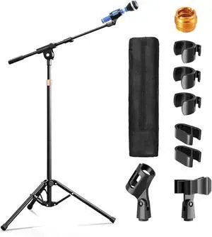 Mic Stand with Boom Arm, Heavy Duty Tripod Microphone Stand Floor Holder Height Adjustable with Carrying Bag and 2 Mics Clips for Singing Performance, Home Studio Recording, Podcast and Stage Mic Stand with Boom Arm, Heavy Duty Tripod Microphone Stand Floor Holder Height Adjustable with Carrying Bag and 2 Mics Clips for Singing Performance, Home Studio Recording, Podcast and Stage