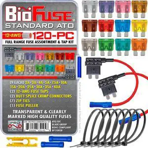 120 Piece Full Range Fuse Assortment & Tap Kit: 108 Standard, ATO, ATC, ATS, APR Automotive Fuses 2A 3A 4A 5A 7.5A 10A 15A 20A 25A 30A 35A 40A, 2 Taps (12V, 12AWG), Ties, Connectors, Puller 120 Piece Full Range Fuse Assortment & Tap Kit: 108 Standard, ATO, ATC, ATS, APR Automotive Fuses 2A 3A 4A 5A 7.5A 10A 15A 20A 25A 30A 35A 40A, 2 Taps (12V, 12AWG), Ties, Connectors, Puller