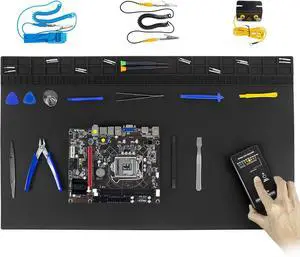 Anti Static Soldering Mat, Extra Large 27.6" x 15.7" Heat Resistant 932°F Large Silicone ESD Safe Work Mat with Grounding Accessories and Anti Static Wrist Strap (Black) Anti Static Soldering Mat, Extra Large 27.6" x 15.7" Heat Resistant 932°F Large Silicone ESD Safe Work Mat with Grounding Accessories and Anti Static Wrist Strap (Black)