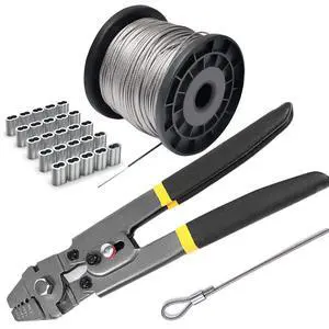 Wire Rope Crimping Tool Kit, with 1/16-304 Stainless Steel Cable 165 ft (7x7 Strand Core), 100 Cable Ferrule Aluminum Loop Sleeve Stops Wire Rope Crimping Tool Kit, with 1/16-304 Stainless Steel Cable 165 ft (7x7 Strand Core), 100 Cable Ferrule Aluminum Loop Sleeve Stops